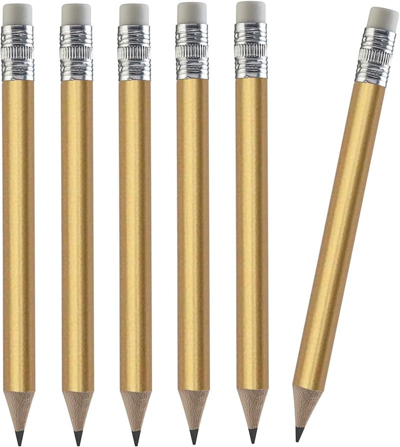 100pcs Golf Pencils, 4 Inch Mini Half Pencils with Eraser Sharpened Wood Mini Round for Schools Wedding Toddlers Home Corporate Multiple Colours (Gold)